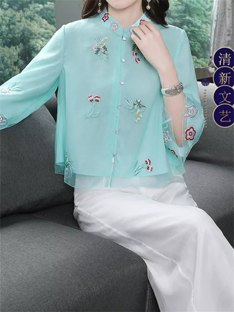 Vintage Embroidery Mandarin Collar Button Up Blouse for Women