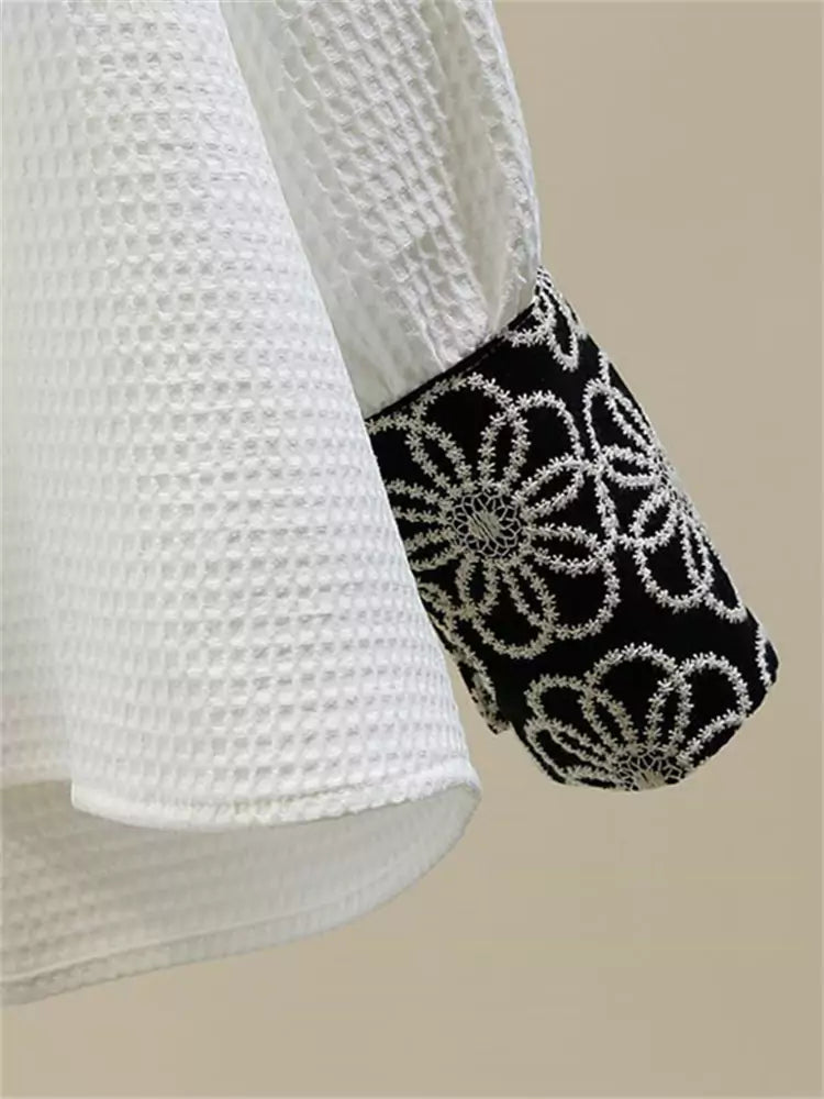 Sweet Embroidered Ruffle Trim Button-Up Shirt with Tie Cape Two-Piece Set for Women