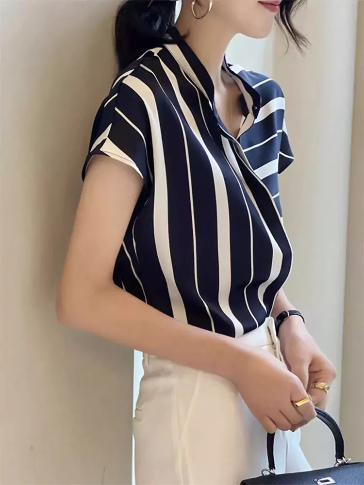 French Style Striped Chiffon Short Sleeve Stand Collar Blouse for Women