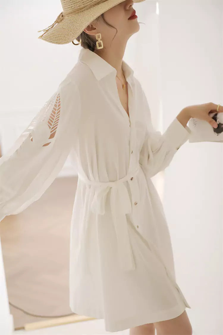 Exquisite Handcrafted White Hollow-Out Shirt Dress for Women