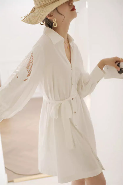 Exquisites, handgefertigtes weißes Hemdblusenkleid mit Lochmuster für Damen