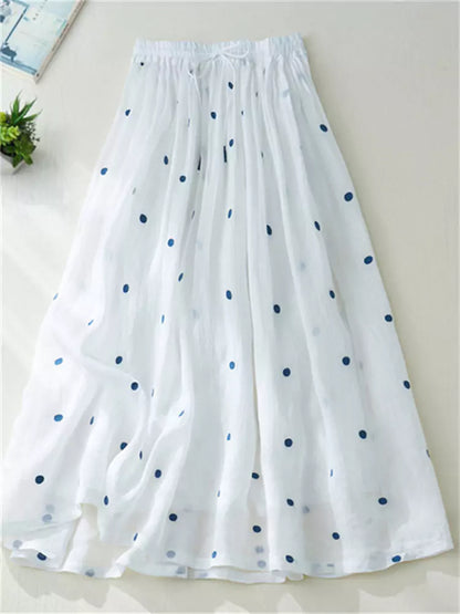 Hochtaillierter, doppellagiger A-Linien-Maxirock aus Ramie und Leinen mit Polka-Dots für Damen