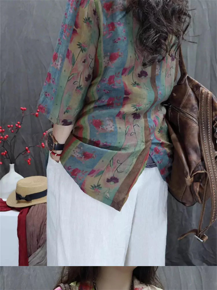 Vintage Printed Cotton Linen Blazer Jacket for Women