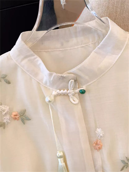 Blusa de gasa de manga corta con bordado exquisito y mangas abullonadas para mujer, talla grande