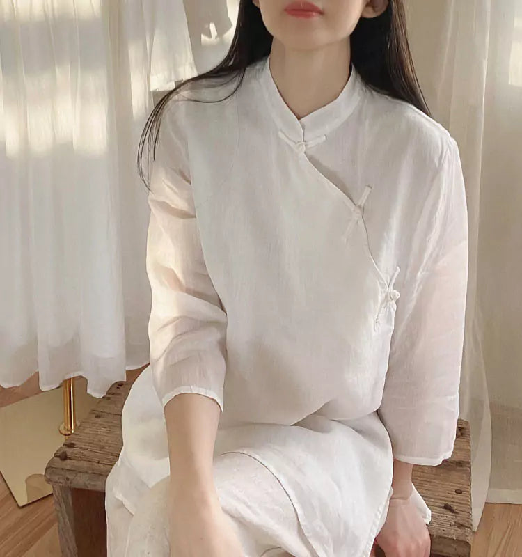 New Chinese Style Diagonal Placket Linen Blouse for Women