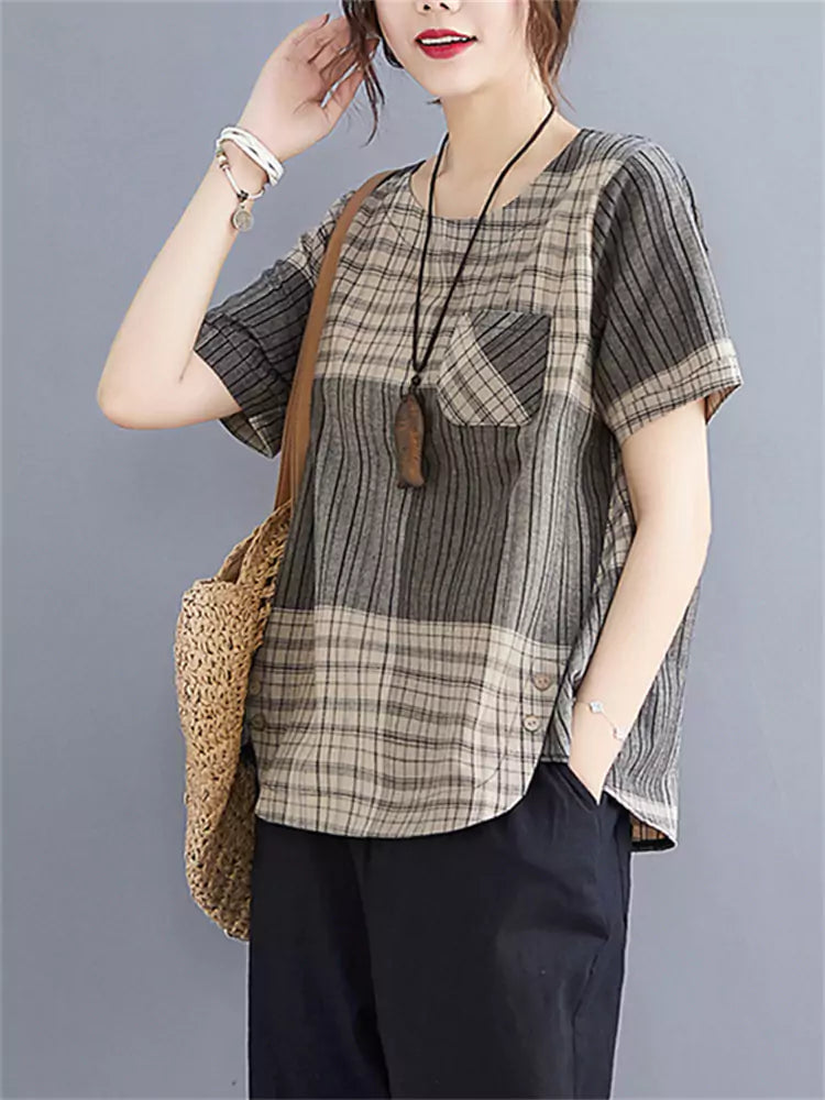 Loose Fit Plaid Short Sleeve Cotton Linen Top for Women