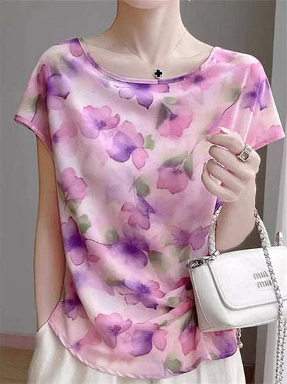 Elegante, rosafarbene Sommerbluse mit chinesischem Tuschemalerei-Print und kurzen Ärmeln