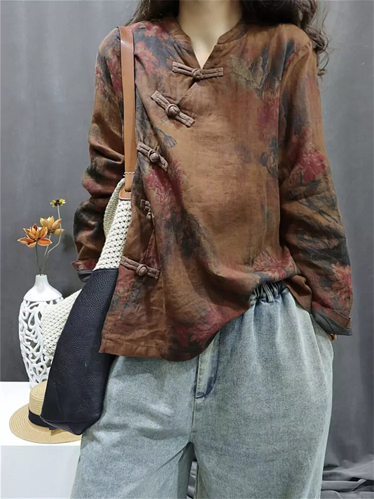 Vintage-Hemd im chinesischen Stil aus Baumwoll-Leinen mit schrägem Kragen für Damen