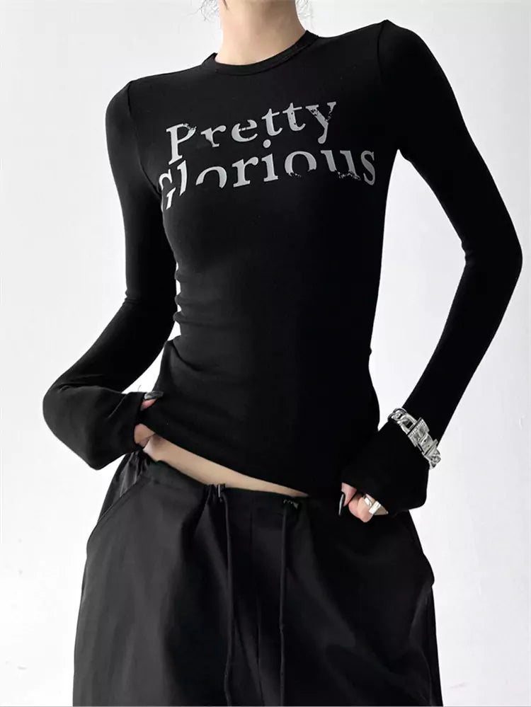 Slim Fit Black Letter Print Cropped T-Shirt for Women