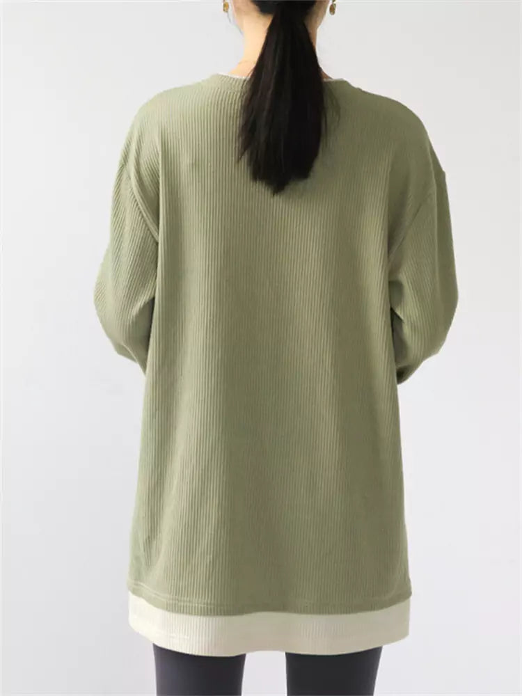 Zweiteiliges grünes Farbblock-Langarmshirt für Damen