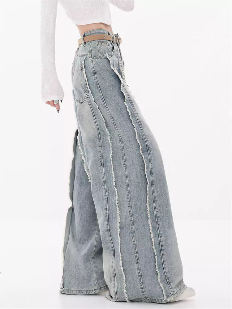 Pantalones vaqueros anchos con dobladillo sin rematar para mujer: pantalones holgados de pierna recta