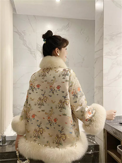 Chinesischer bestickter Cape-Mantel aus Kunstpelz für Damen