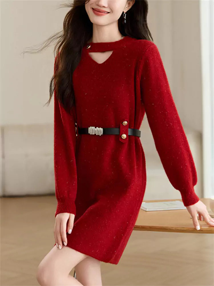 Women’s Red Hollow Knit Sweater Dress – Mid-Length Pullover for Autumn Winter