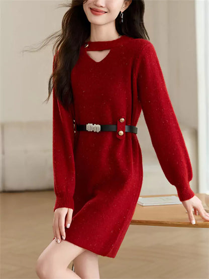 Rotes, hohles Strickkleid für Damen – mittellanger Pullover für Herbst und Winter