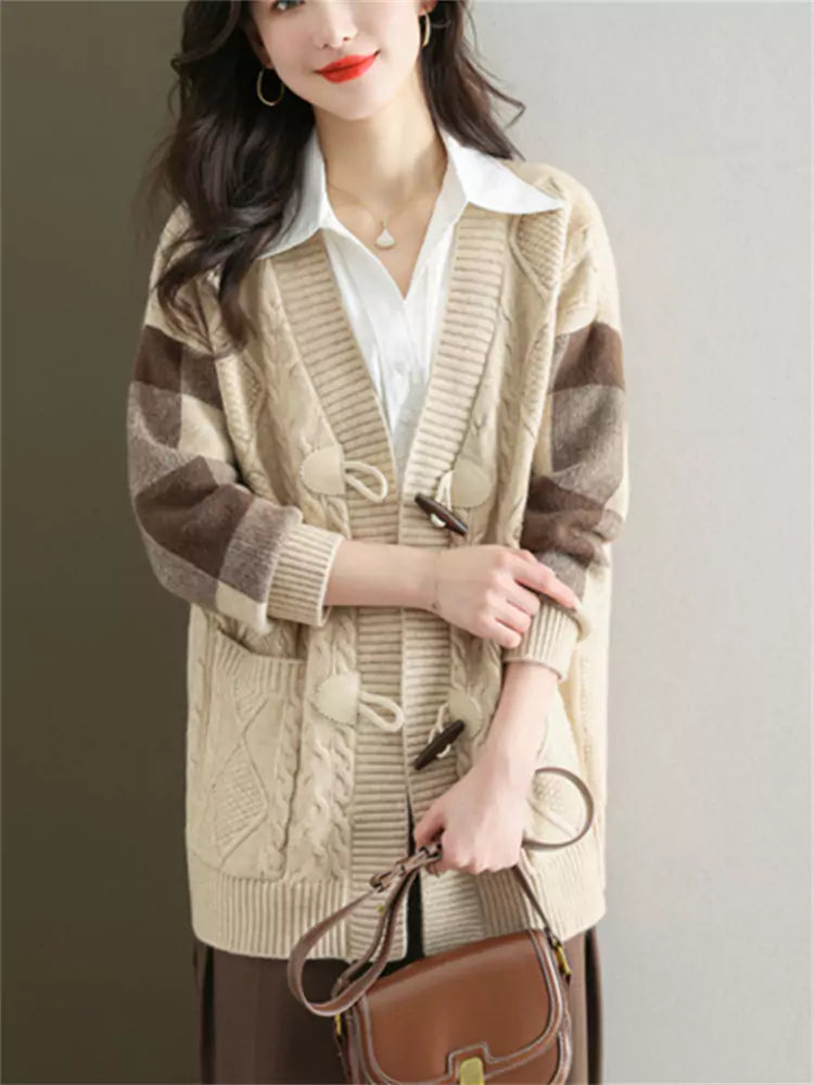 Cárdigan de punto trenzado de longitud media para mujer: abrigo holgado de otoño