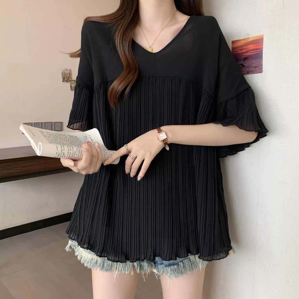 V-Neck Pleated Chiffon Blouse for Women