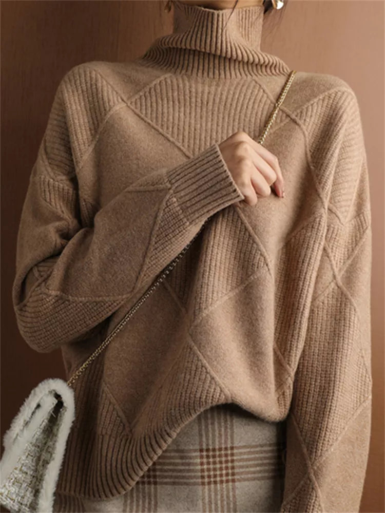 Women’s High-Neck Diamond Knit Pullover Sweater