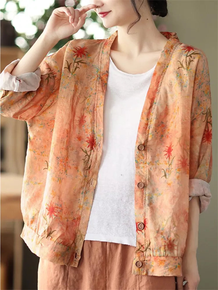 Camisa informal estampada de lino vintage azul para mujer 