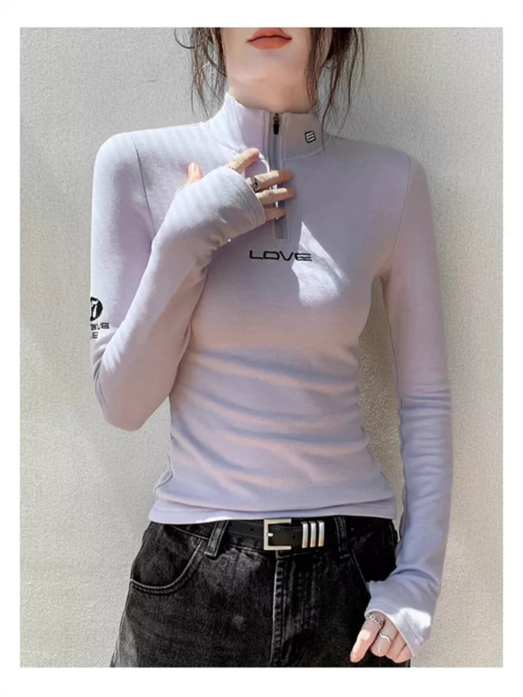 Half-Turtleneck Zip Long Sleeve Slim Fit Top for Women