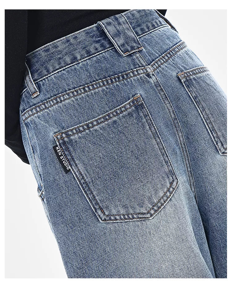 Vintage Deconstructed Curved Denim Wide-Leg Jeans for Women