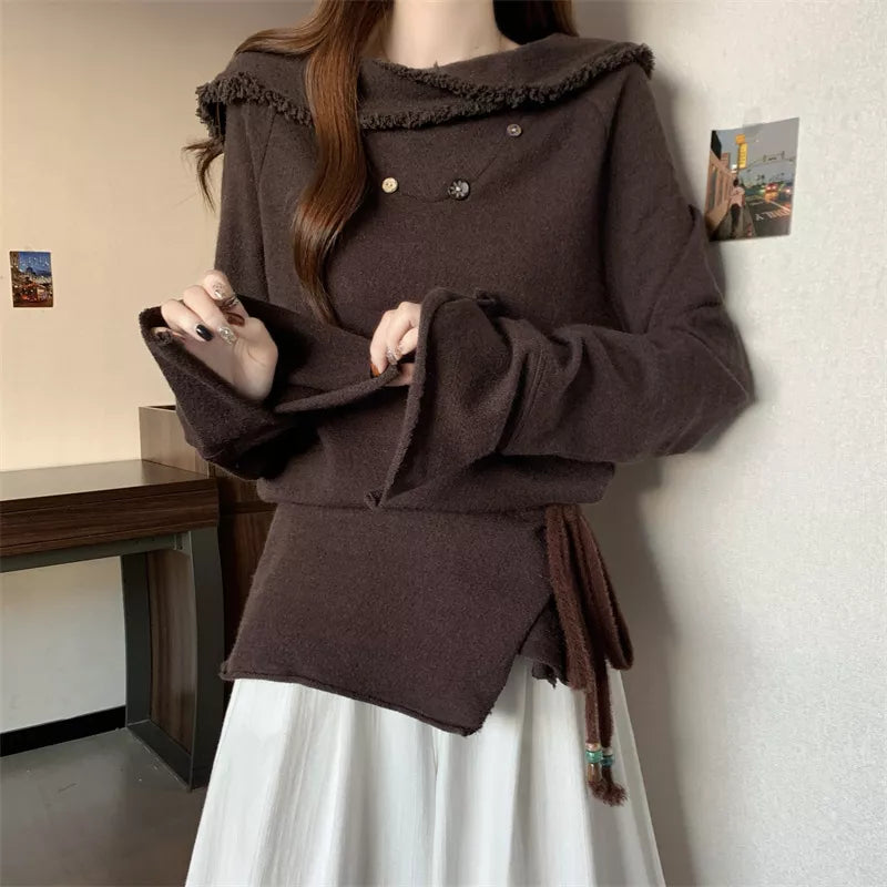 Suéter de punto con flecos y solapa retro vintage para mujer