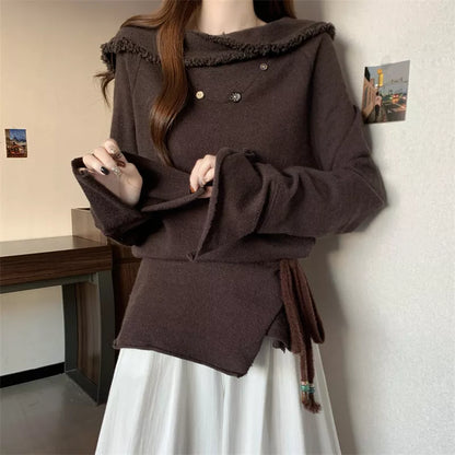 Suéter de punto con flecos y solapa retro vintage para mujer