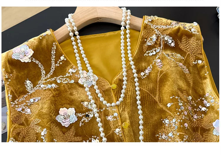 New Chinese Style Gold Velvet Sequin Embroidered Vest with Faux Feather Trim
