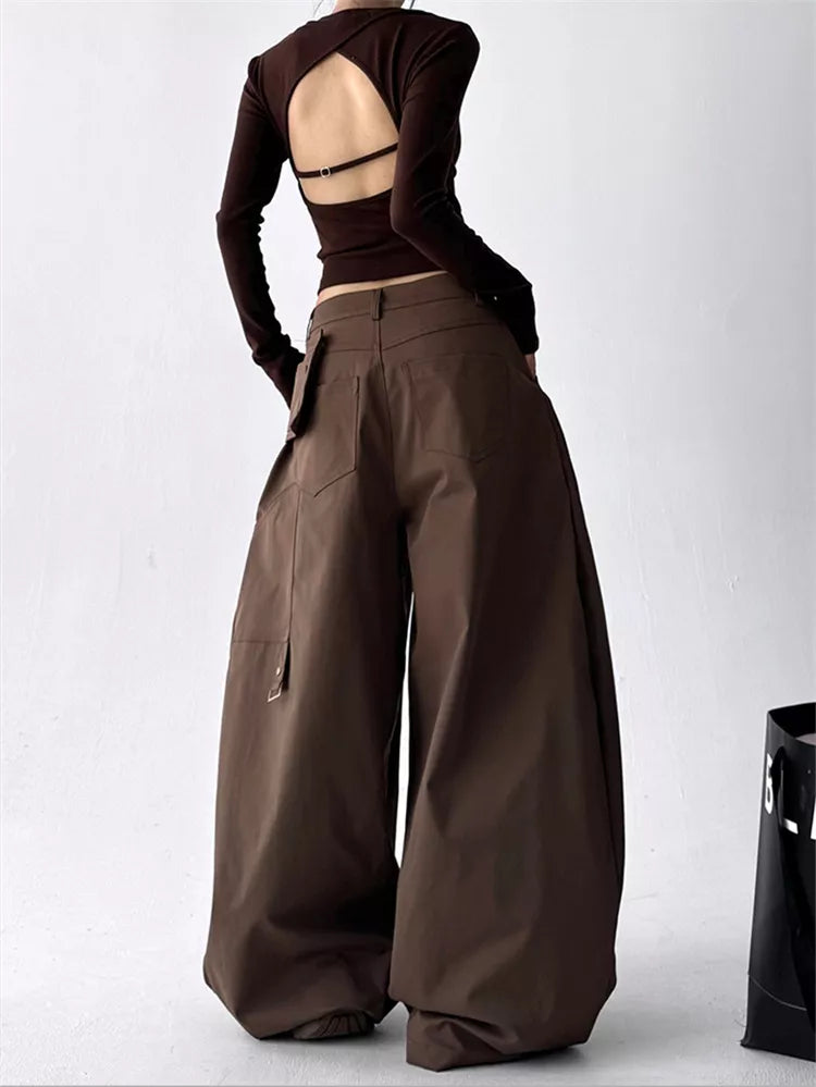 Black Classic High-Waist Wide-Leg Cargo Pants for Women