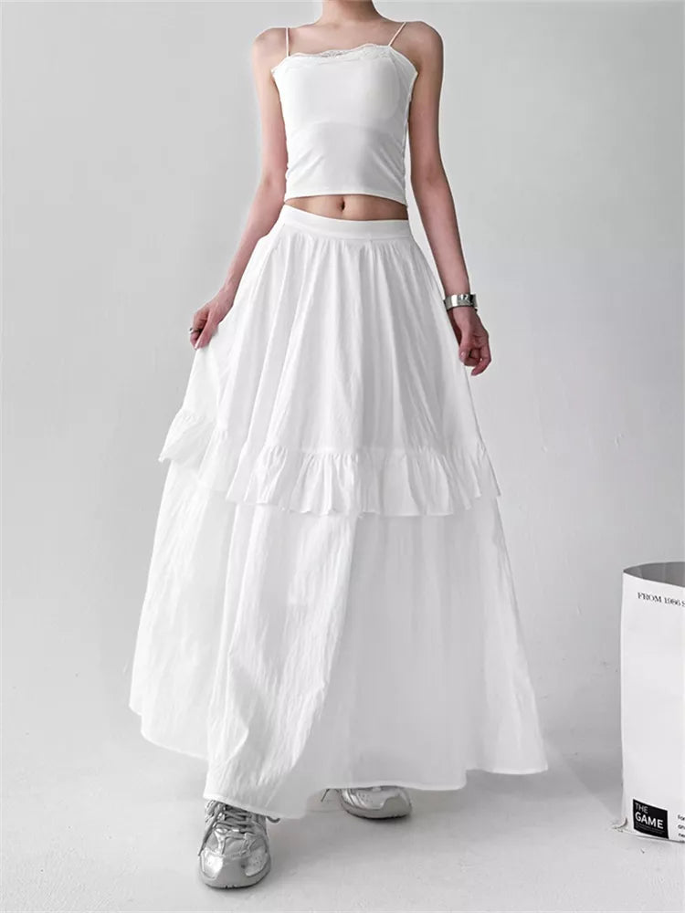 Women's White High-Waisted Tiered Ruffle Maxi Skirt Boho A-Line Long Cake Skirt