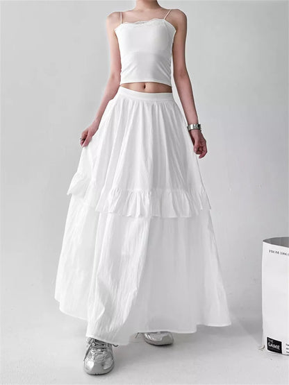 Women's Butter Yellow High-Waisted Tiered Ruffle Maxi Skirt Boho A-Line Long Cake Skirt