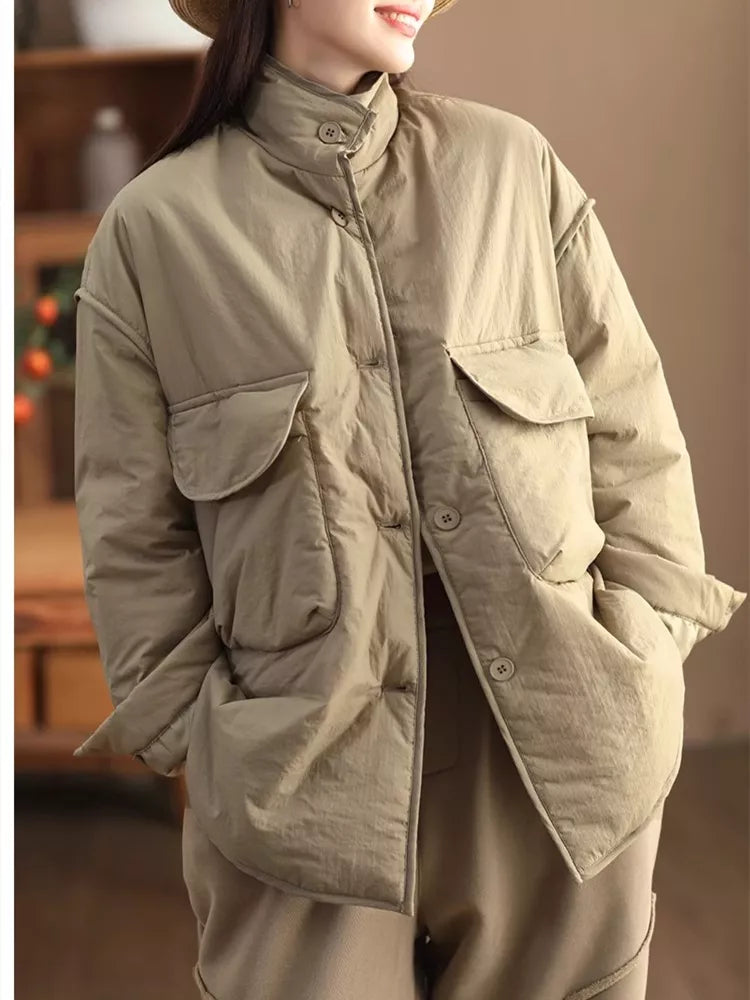 Women's Oversized Cargo Padded Jacket Stand Collar Windproof with Large Pockets