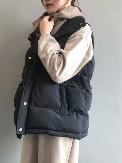 Women's Cream Beige Puffer Vest with Drawstring Waist Stand Collar