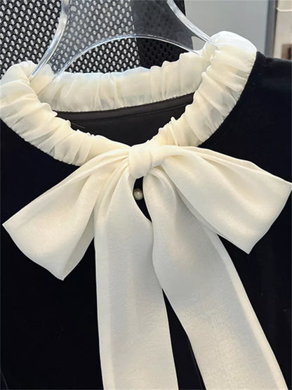 Women's French Vintage Black Velvet Blouse with Large White Bow Tie Elegant Ruffled Collar