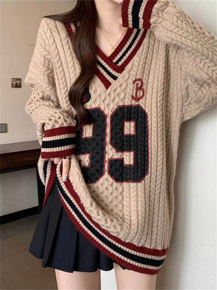 Women's Vintage Preppy Style V-Neck Cable Knit Sweater