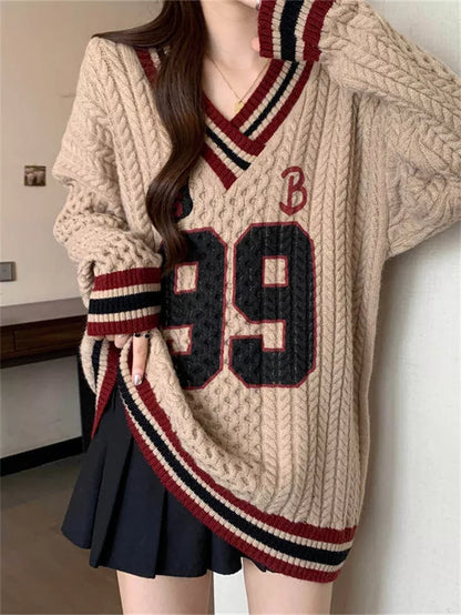 Women's Vintage Preppy Style V-Neck Cable Knit Sweater