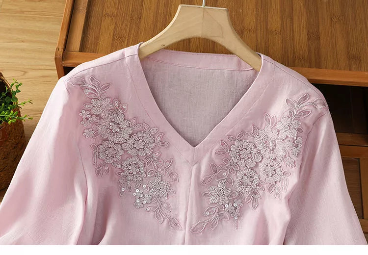 Women's Artistic Light Blue Ramie Blouse Floral Embroidered V-Neck Shirt Beaded Linen Top