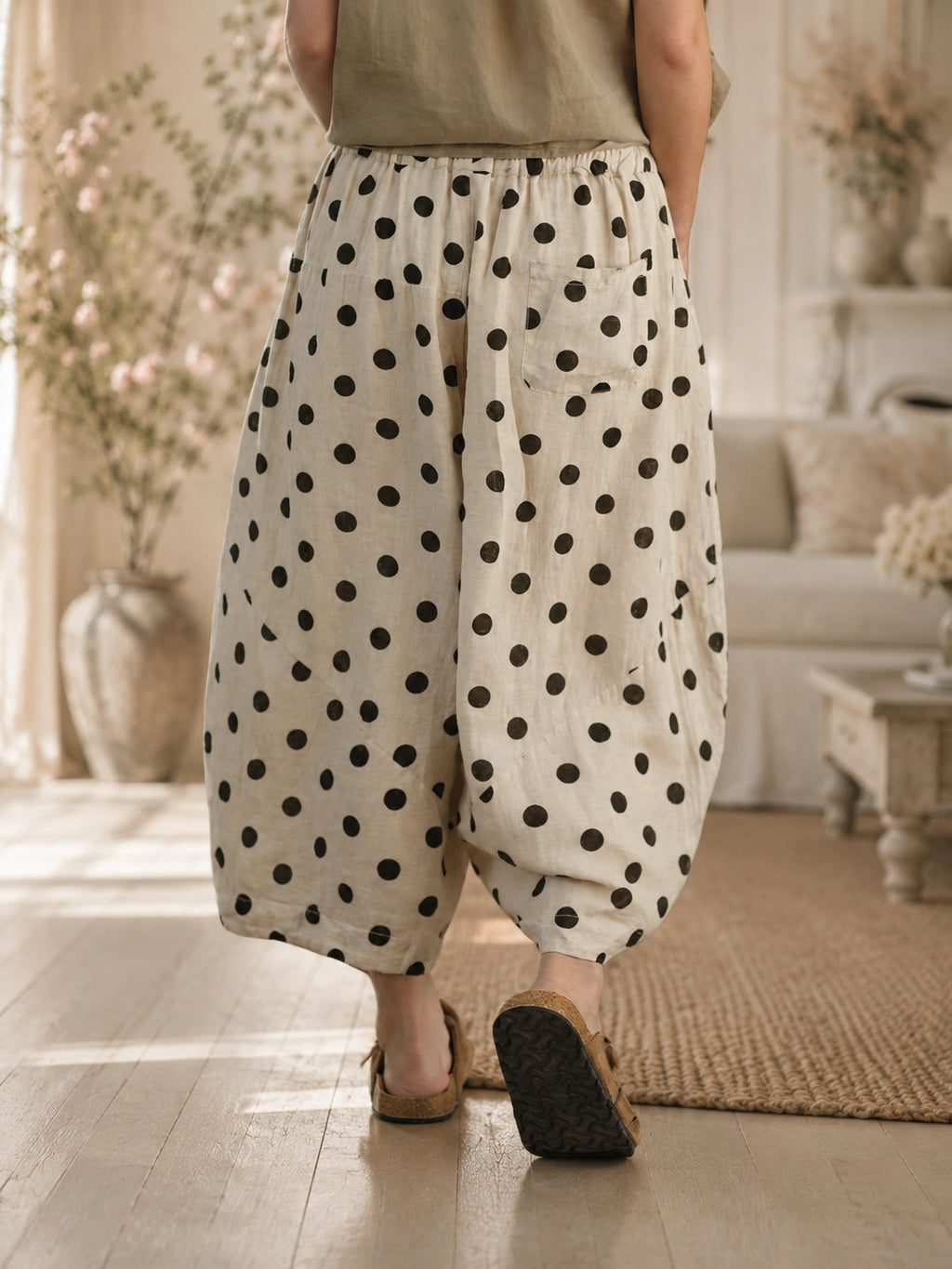 100% Ramie Balloon-Leg Cropped Pants with Polka Dots