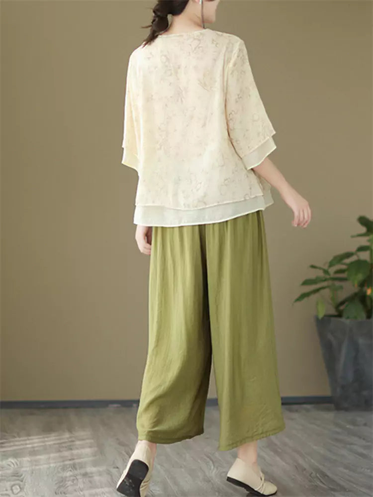 New Chinese Style Cotton Linen V-Neck Shirt with Oblique Placket & Knot Buttons