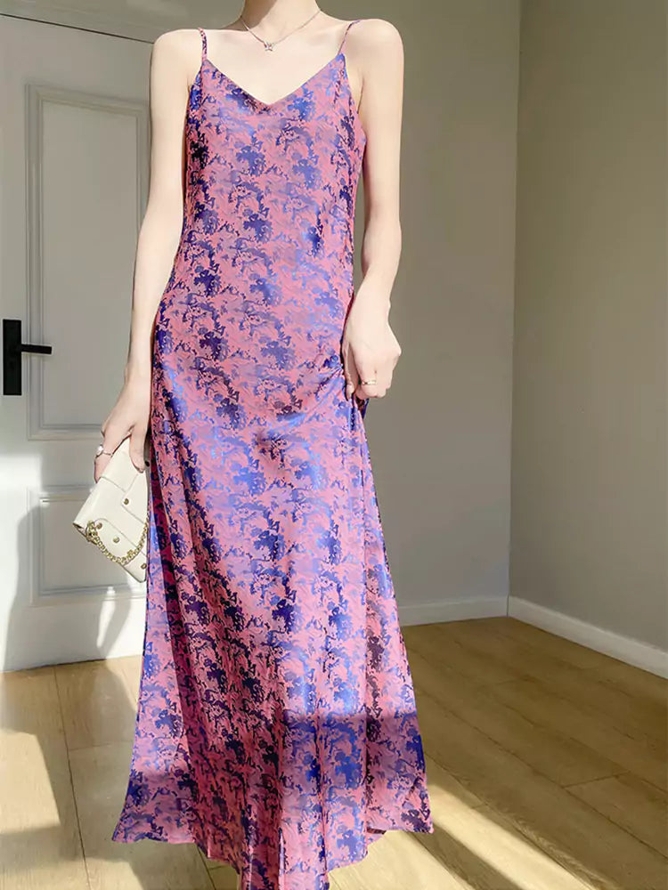 Elegant Blue Silk Slip Dress with Oriental Jacquard and A-Line Silhouette