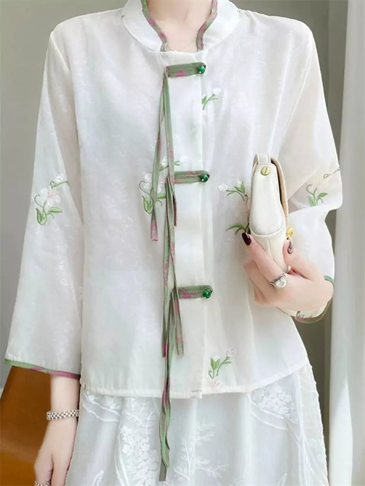 Chinese Style White Satin Overlay Mesh Blouse with Jacquard Design