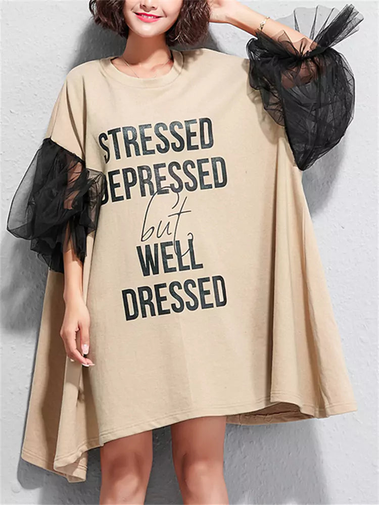 Oversized Letter Print Mesh Lantern Sleeve Midi Dress