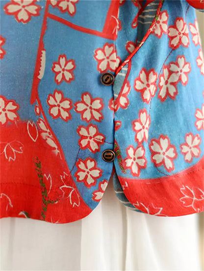 Vintage-Teebluse im chinesischen Stil mit Ramie-Print, Stehkragen und asymmetrischem Verschluss