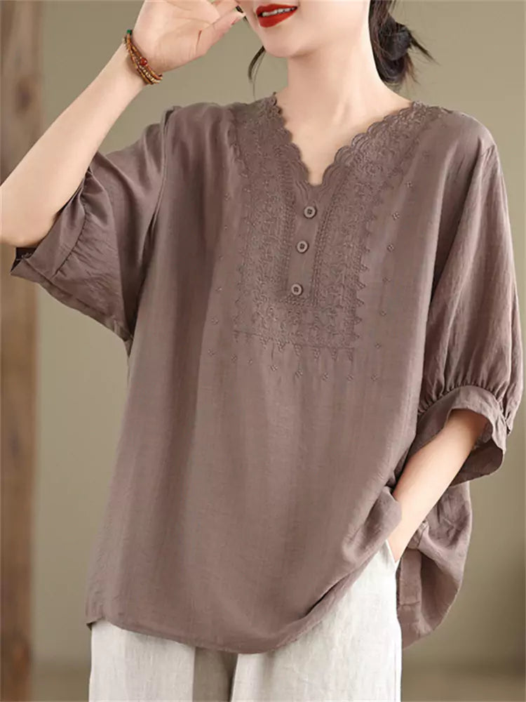 Plus Size Solid Color Embroidered Cotton Linen Short Sleeve Top For Women