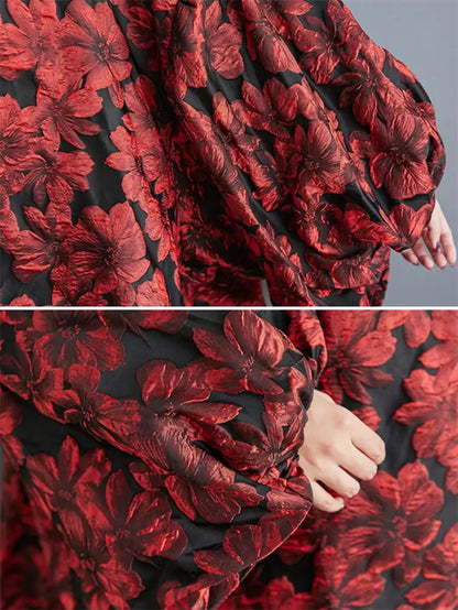 Modisches, übergroßes rotes Kleid mit floralem Jacquardmuster und Puffärmeln