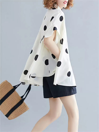 Kurze Chiffonbluse in Übergröße mit Polka-Dots für Damen, kurzärmelig, für Freizeit und Alltag