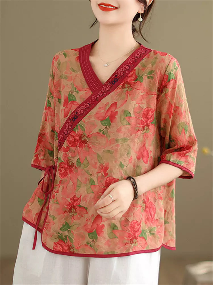 Vintage Blue Floral Print Blouse with Side Closure & Asymmetrical Collar