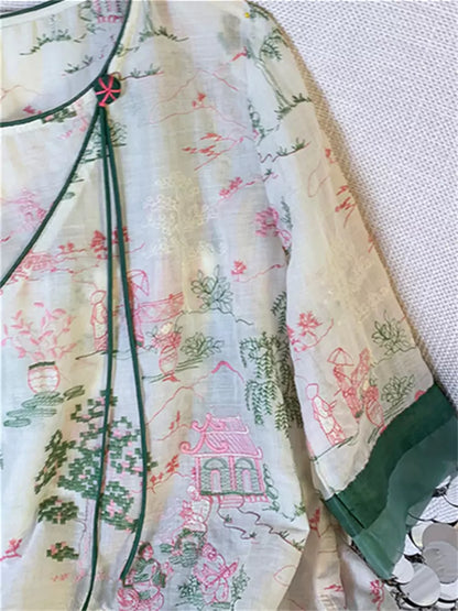 Hochwertige, leichte, bestickte Sommerbluse im Zen-Stil für Damen mit chinesischen Elementen