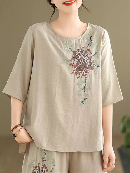 Conjunto de dos piezas de lino y algodón bordado vintage para mujer: blusa holgada y pantalones anchos.