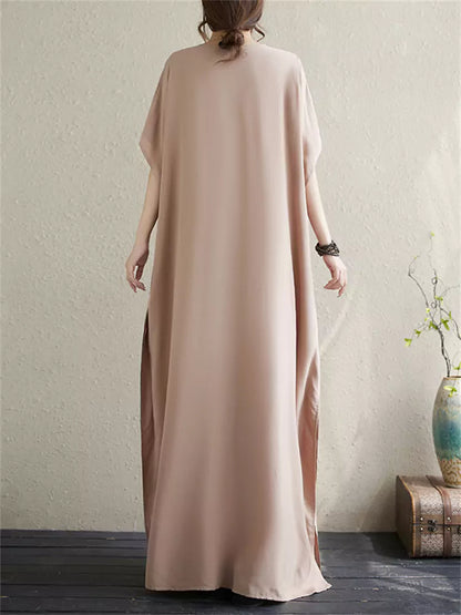 Große Größe, aufwendig besticktes Maxikleid aus Viskose mit V-Ausschnitt und kurzen Ärmeln im Urlaubsstil