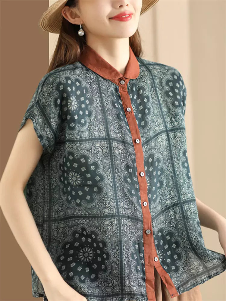 Vintage Dyed Floral Ramie Colorblock Short Sleeve Shirt for Women